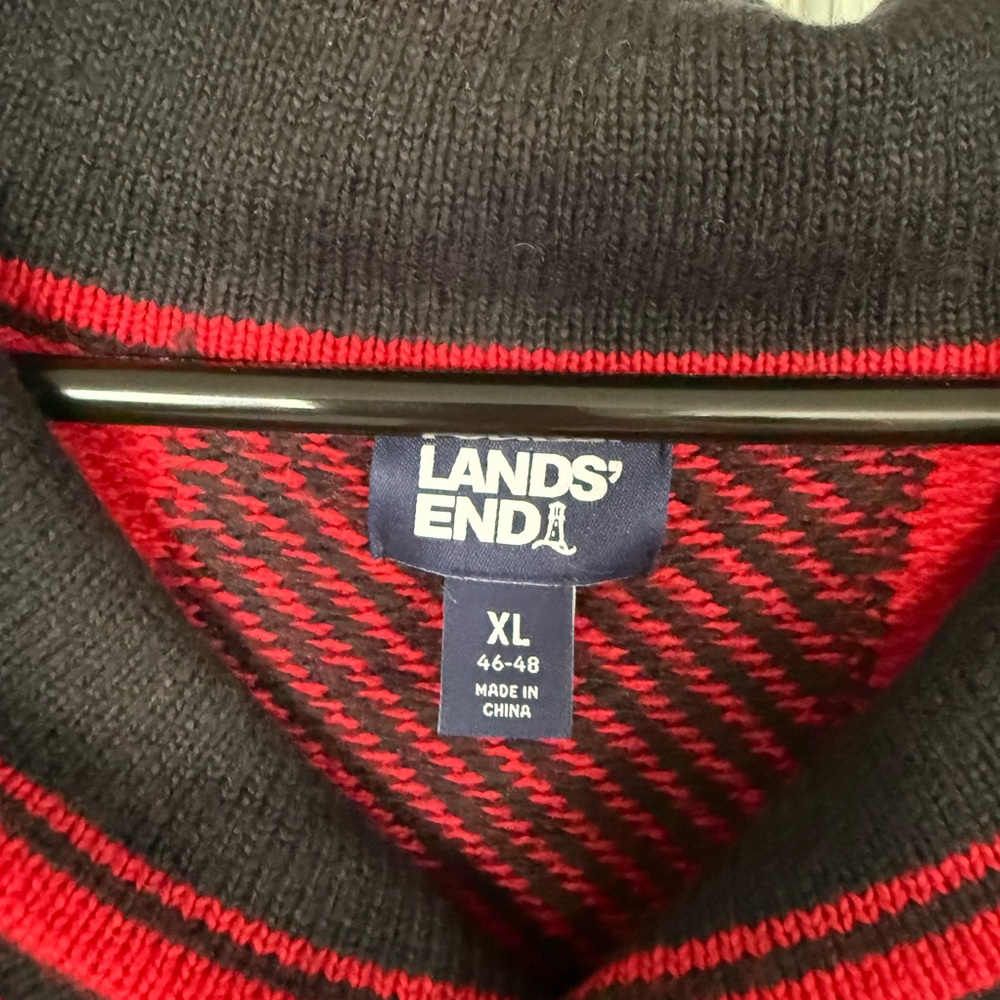 Lands' End Red and Black Buffalo-Check V-Neck Shawl Sweater - Picture 2 of 4